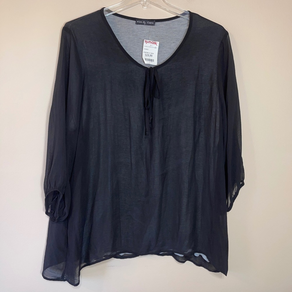 NEW Kim & Cami Womens 3X Black Sheer Layered V-Neck Tie Blouse